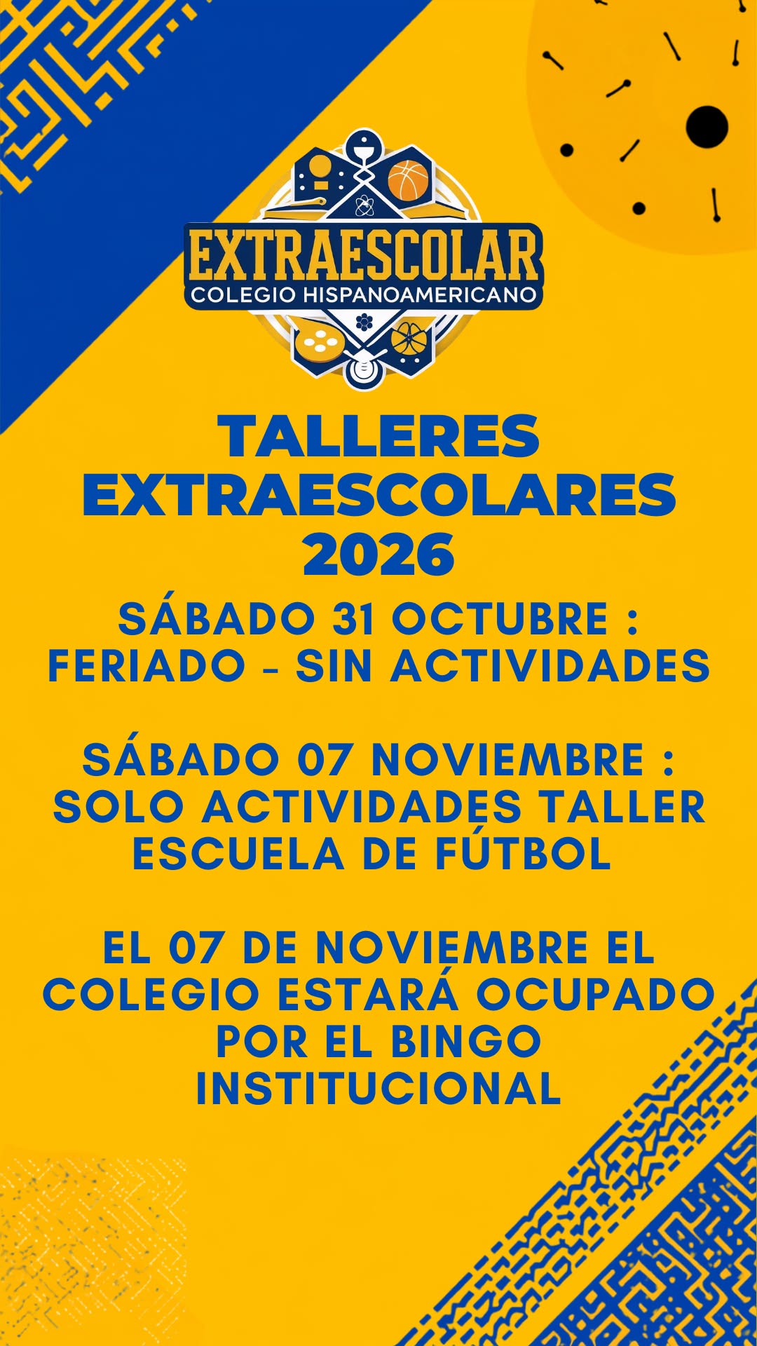 Suspensión de Talleres Sábado 31 de octubre y Sábado 7 de noviembre.